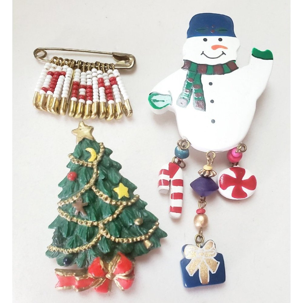 Vintage Christmas Holiday Brooch Pin Lot Of 3 Snowman Joy Christmas Tree Festive
